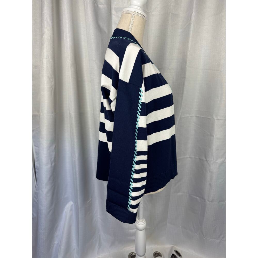 Chico's Striped Cardigan Sweater M Nautical Coastal Grandma Open Front - Picture 4 of 7